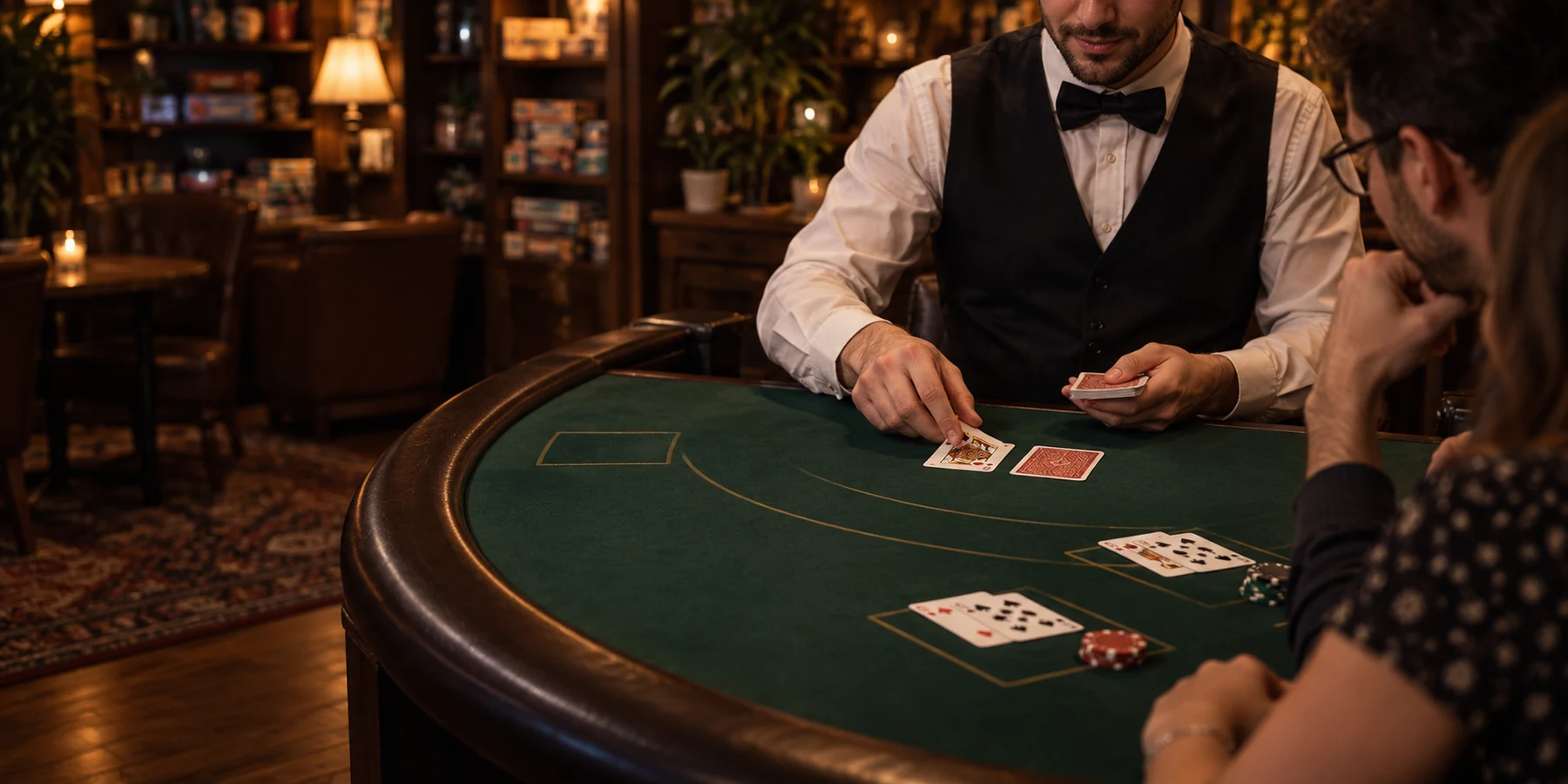 Osztó készít elő egy Blackjack-asztalt